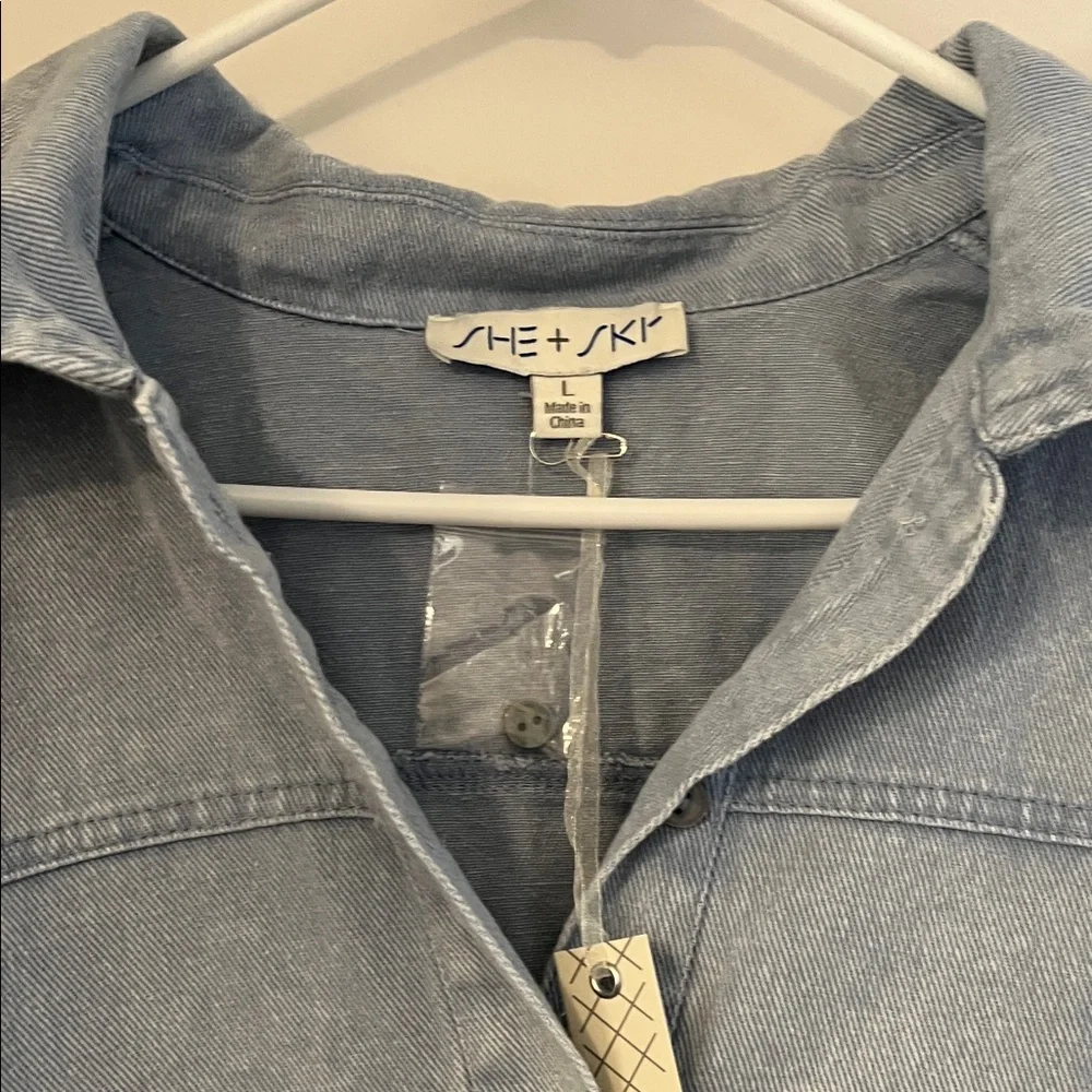 She + Sky Light Blue Denim Button-Up Shirt Dress - Picture 2 of 6